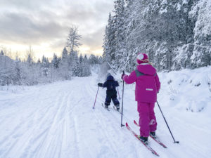 Bilde av barn som går på ski i skiløype.